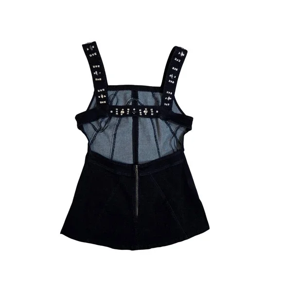 FREE People Decked In Shine Rhinestone Denim Open Back Top Size S NWT - Picture 5 of 8